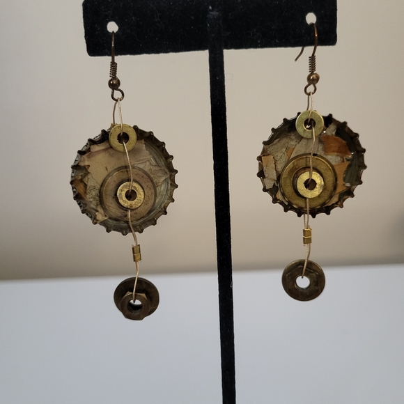Mixed Metal Upcycled Hand Crafted Sol Cerveza Beer Bottle Cap Pierced Earrings - Picture 4 of 16